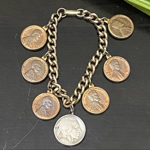 Vintage Penny 5 Cent Indian Head Buffalo & Nickel 1 Cent Coin 7” Charm Bracelet
